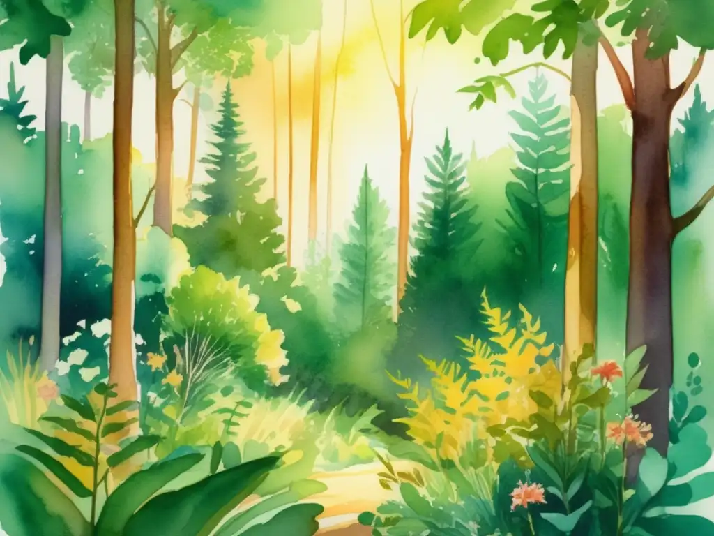 Ilustración acuarela de un bosque verde exuberante con árboles majestuosos