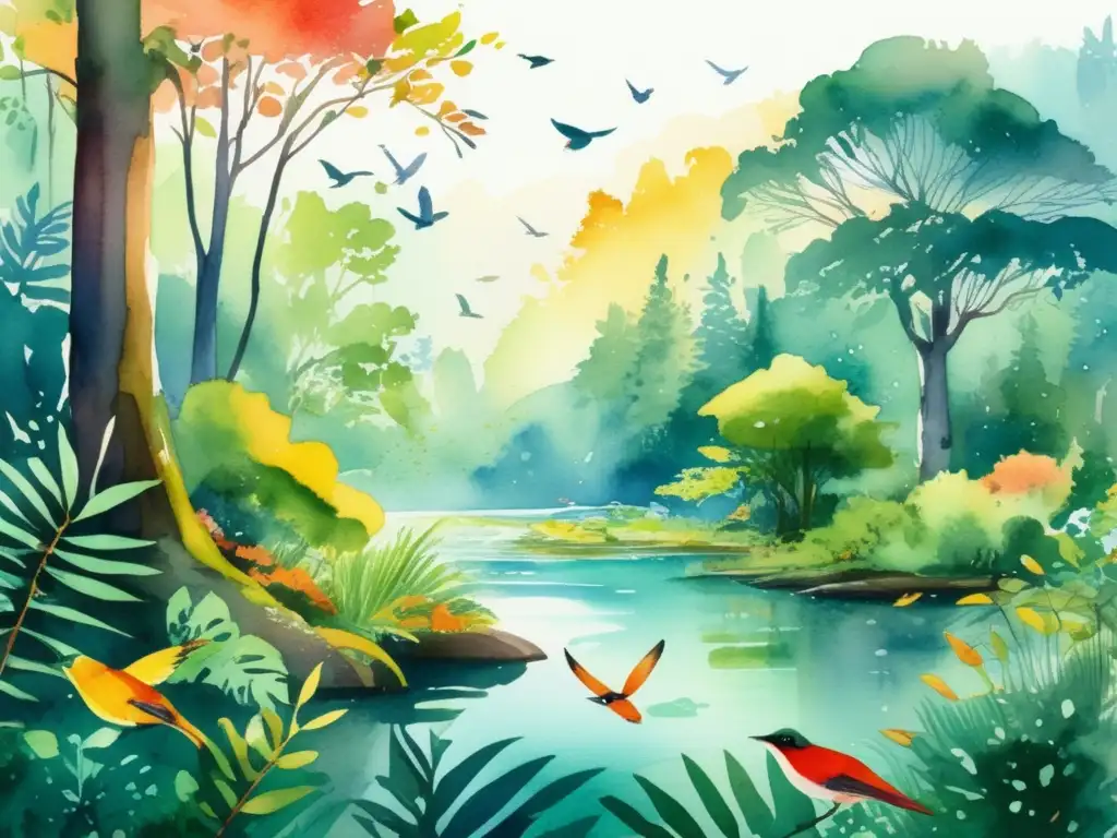 Ilustración acuarela de un ecosistema exuberante y vibrante, con bosque denso, río cristalino y fauna diversa