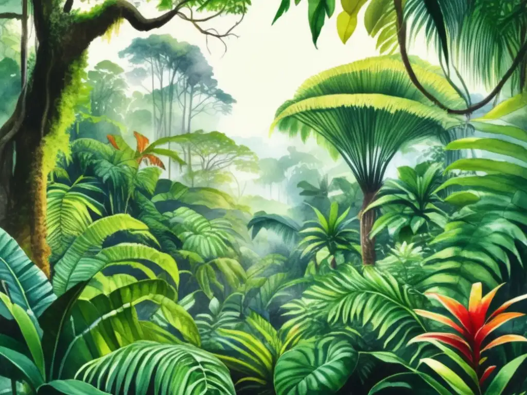 Adaptaciones de plantas en la jungla: escena detallada de una exuberante selva, con diversidad de plantas vibrantes y adaptadas