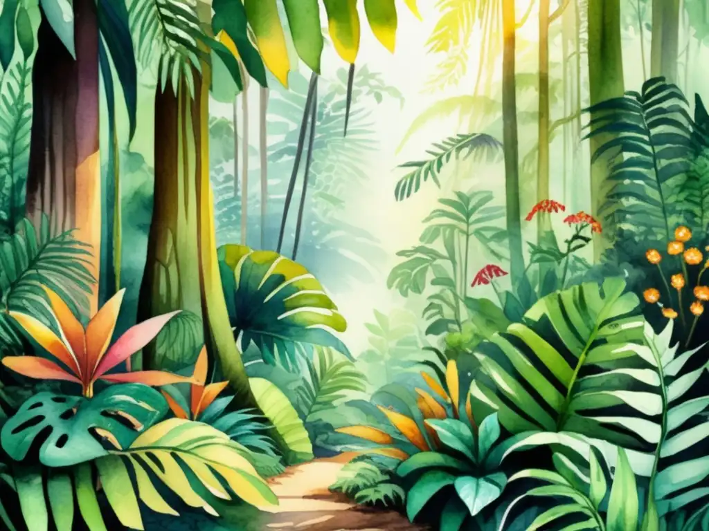 Ilustración acuarela impresionante de una exuberante selva tropical, destacando diversidad de plantas y biodiversidad