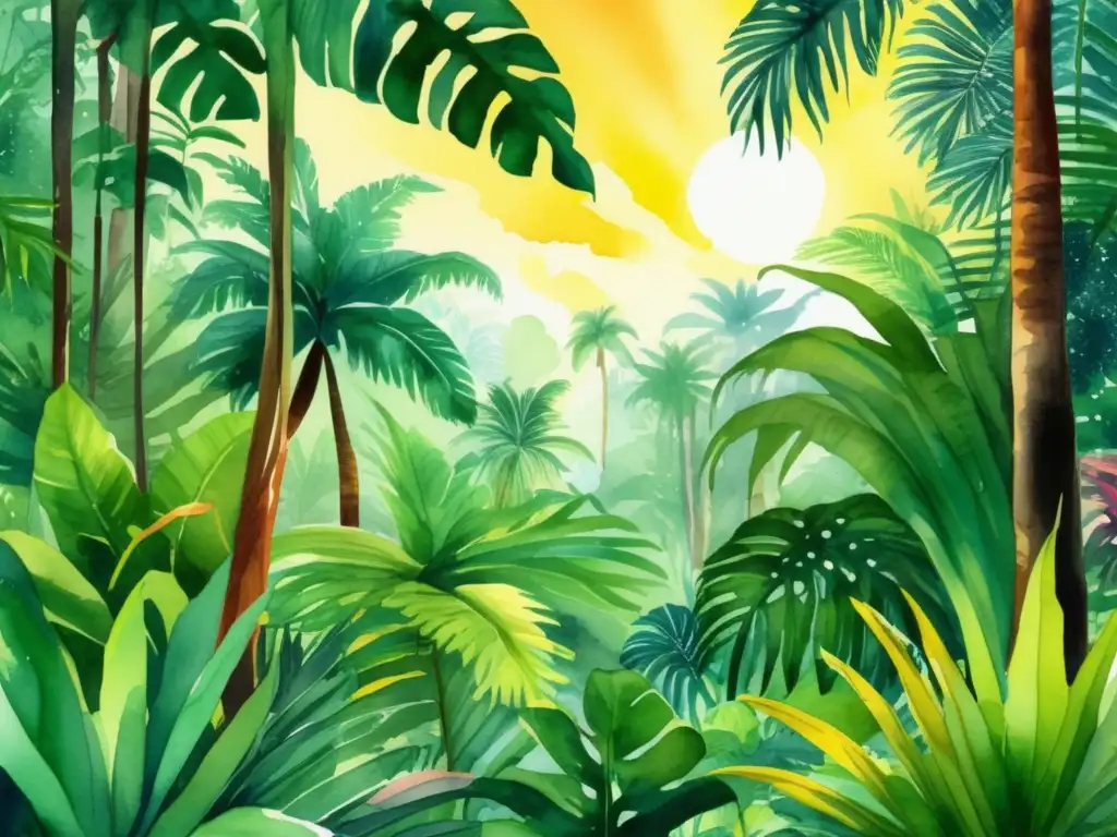 Ilustración acuarela bosque tropical: vida exuberante, colores vibrantes, plantas tropicales y beneficios de la fotosíntesis