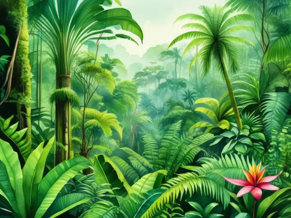 Ilustración acuarela detallada de una exuberante selva tropical, con diversidad de plantas