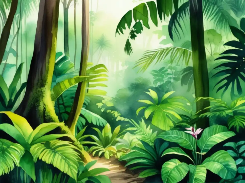 Ilustración acuarela de selva tropical exuberante, con árboles altos cubiertos de follaje verde vibrante