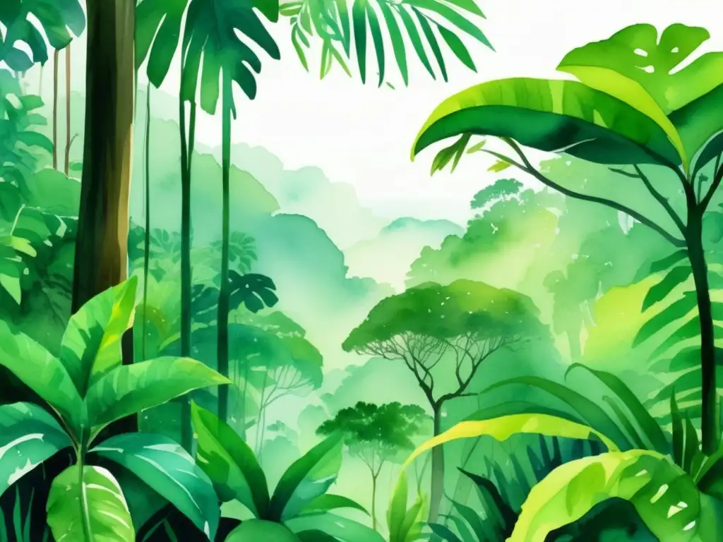 Impacto cambio climático en plantas: exuberante ilustración acuarela de un vibrante bosque tropical, repleto de especies majestuosas y vida abundante