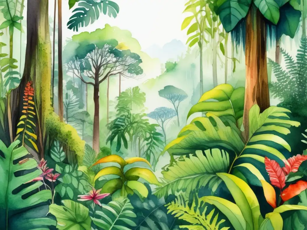 Ilustración acuarela de exuberante escena de selva, llena de colores vibrantes y detalles intrincados