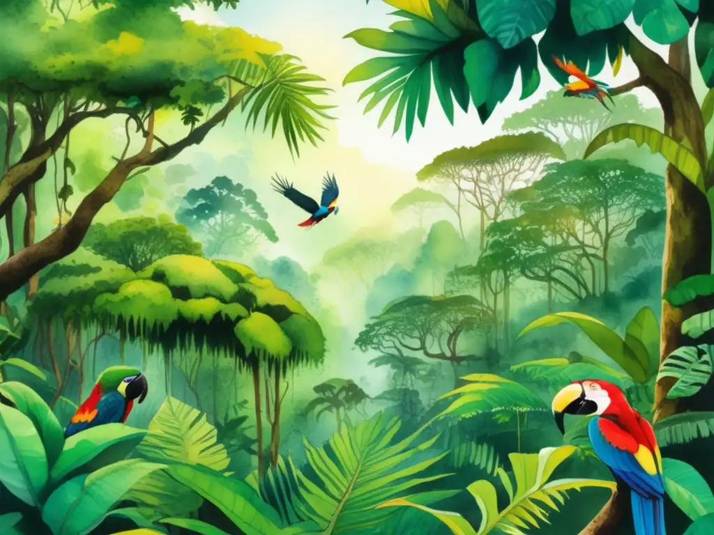 Ilustración acuarela detallada de una exuberante escena de la selva amazónica, mostrando su flora y fauna vibrantes