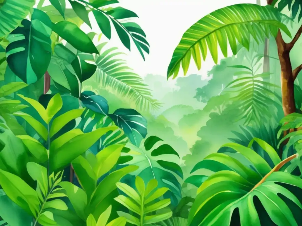 Ilustración acuarela de una exuberante selva tropical con plantas exóticas de detallada información