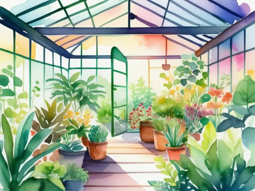 Beneficios de tecnología LED para plantas en exuberante ilustración acuarela de un invernadero lleno de plantas saludables y colores vibrantes