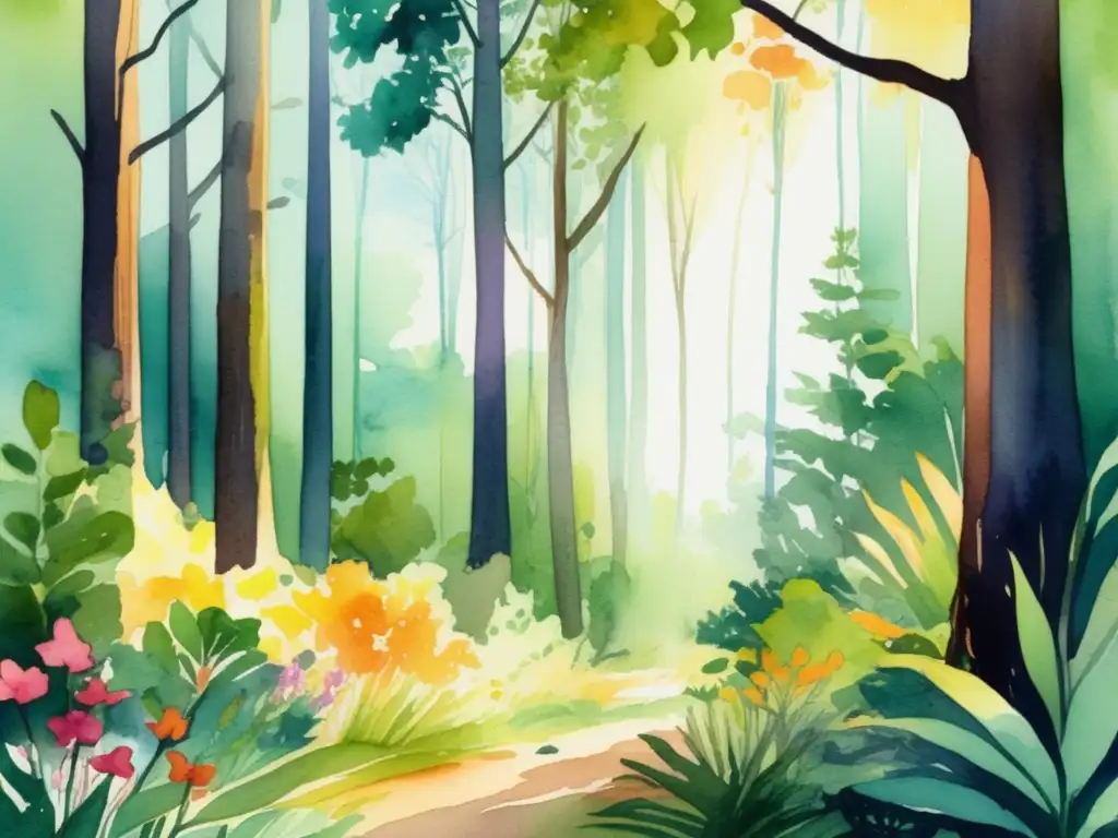 Ilustración vibrante de un bosque exuberante, lleno de vida y colores vibrantes