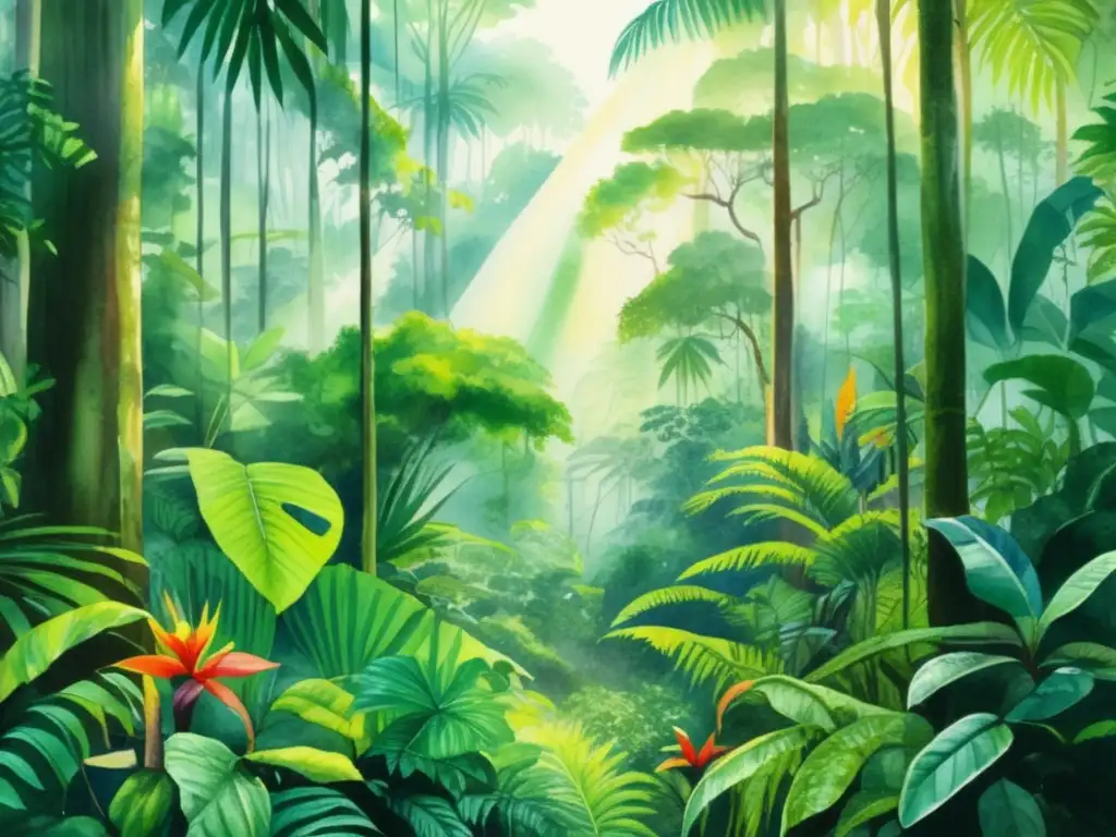 Pintura acuarela detallada de bosque tropical con plantas medicinales - Plantas más antiguas bosques tropicales