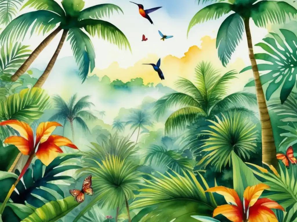 Pintura acuarela de selva tropical con plantas biónicas