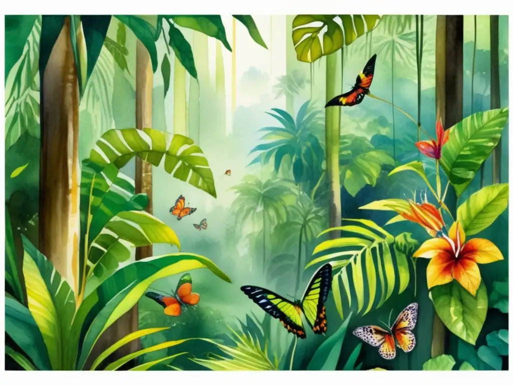 Importancia histórica de las plantas en exuberante pintura acuarela de selva tropical