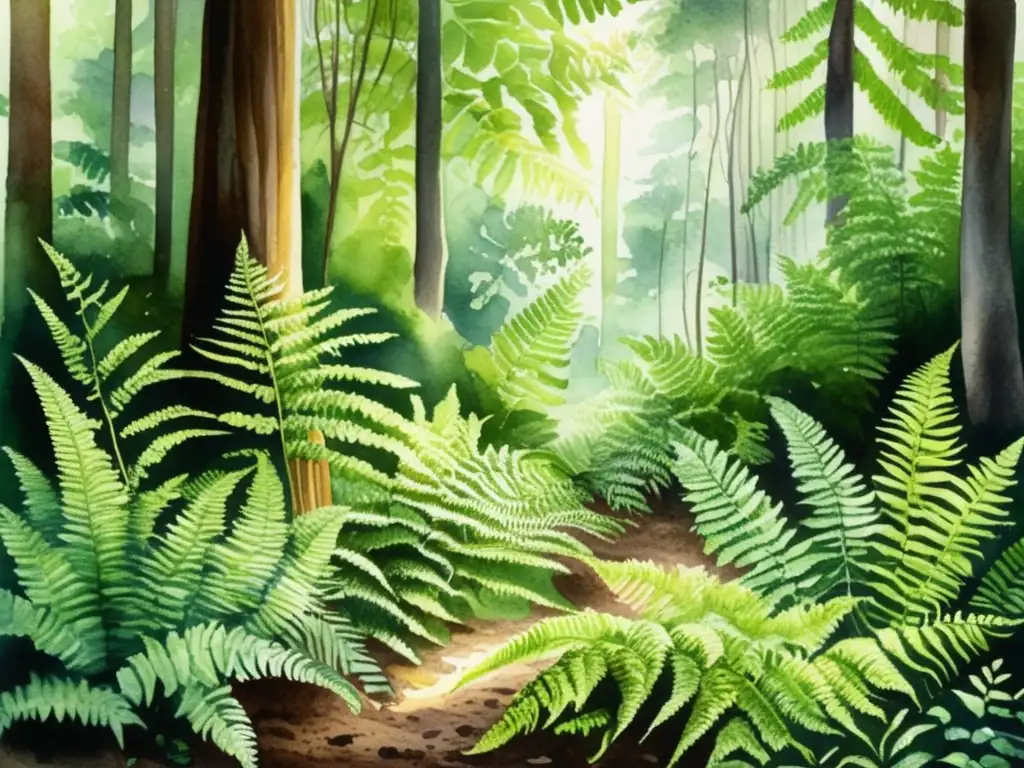 Pintura acuarela de un exuberante bosque de helechos sin flores, resaltando su importancia en la evolución de las plantas