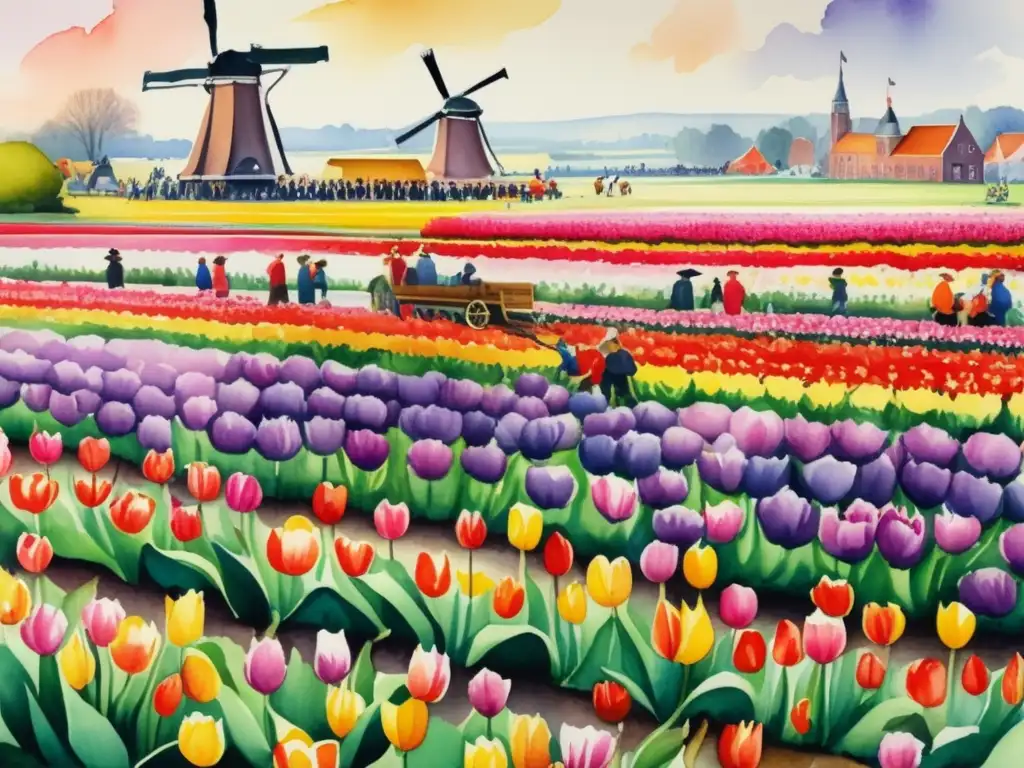 Impacto cultural tulipanes Países Bajos: Festival con vibrantes tulipanes, gente vestida de forma tradicional, molinos de viento y diversión