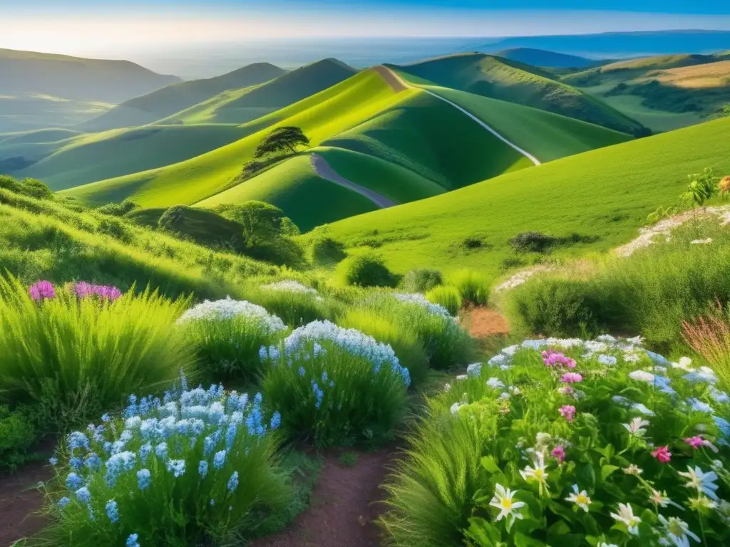 Paisaje verde con colinas, flores vibrantes y especies vegetales, ejemplificando impacto cambio climático en especies vegetales