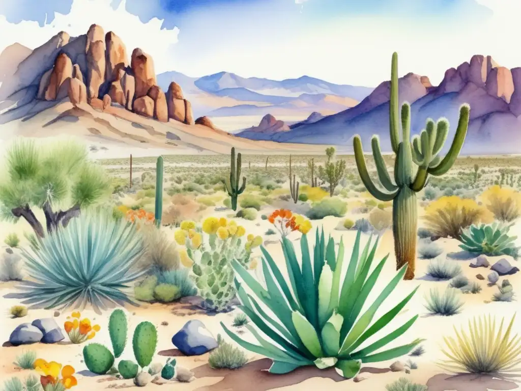 Plantas adaptadas al desierto de Mojave: una ilustración detallada y educativa que celebra la diversa flora y su importancia en el ecosistema