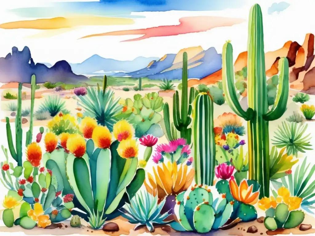 Flora biodiversidad del desierto Sonora: cacti, suculentas y flores silvestres en vibrante pintura acuarela