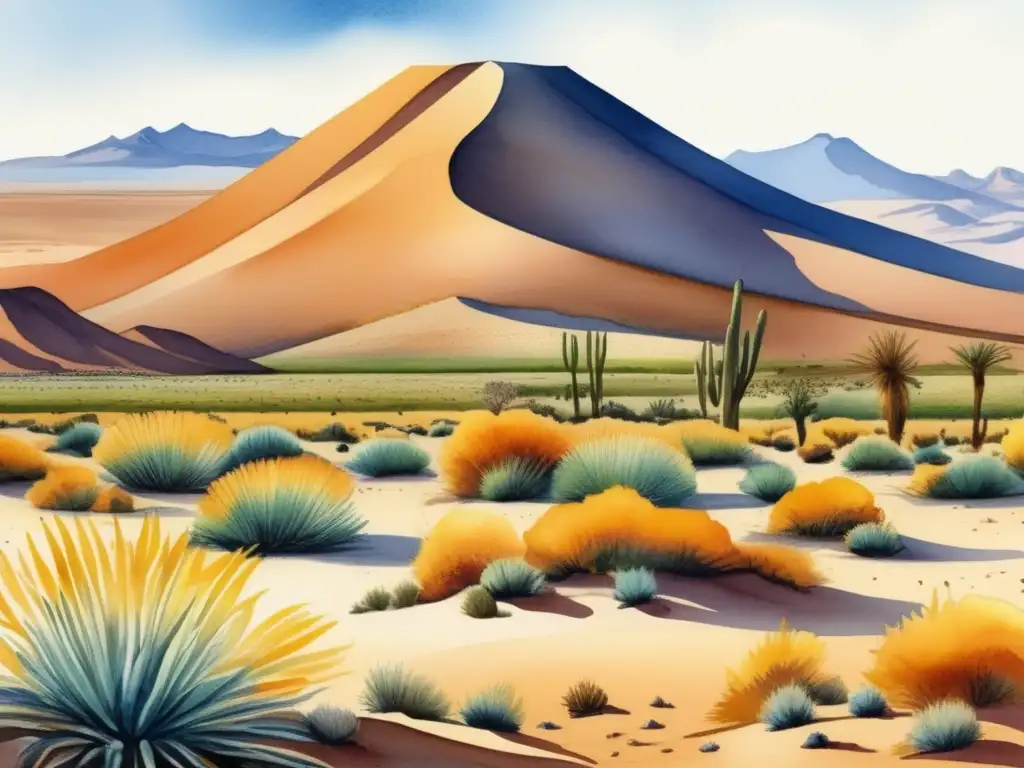 Flora adaptada al desierto de Atacama: Ilustración acuarela de paisaje impresionante con cactus, arbustos y un árbol solitario