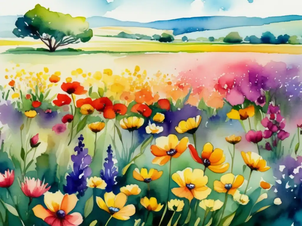 Pintura acuarela: Campo de flores vibrantes (Significado histórico de las flores en el arte)