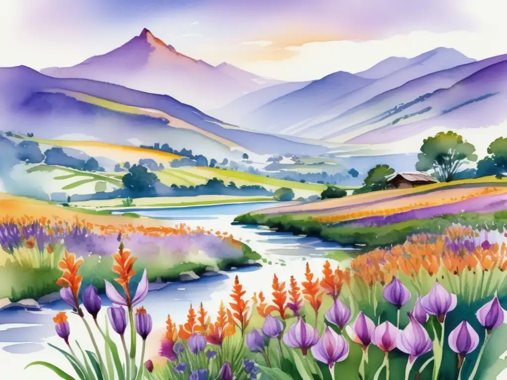 Ilustración acuarela flores púrpuras azafrán Cachemira, paisaje pintoresco, cielo azul, montañas nevadas