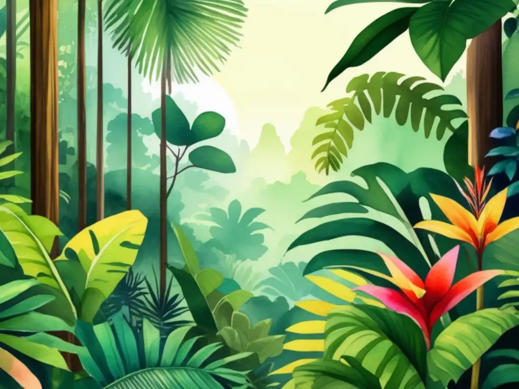 Ilustración acuarela vibrante de la exuberante vegetación de una selva tropical