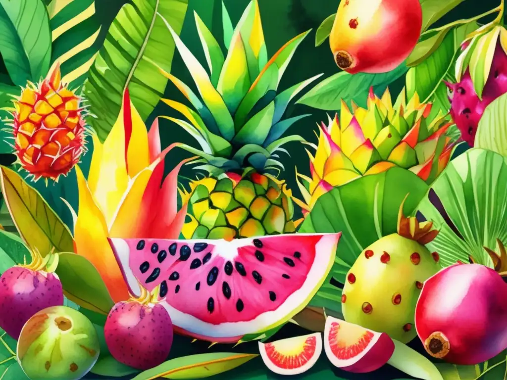 Frutas exóticas del mundo: Sabores y usos culinarios en una ilustración acuarela vibrante de una selva tropical llena de frutas exóticas