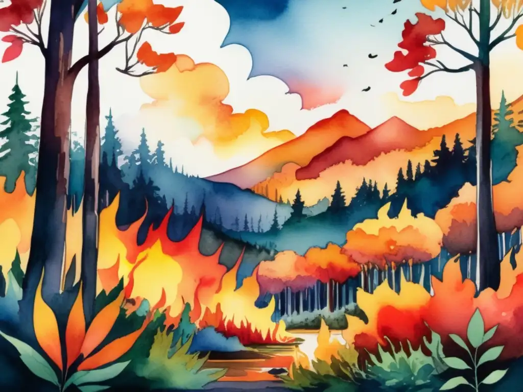 Ilustración acuarela muestra paisaje de bosque en llamas con plantas resistentes incendios adaptación