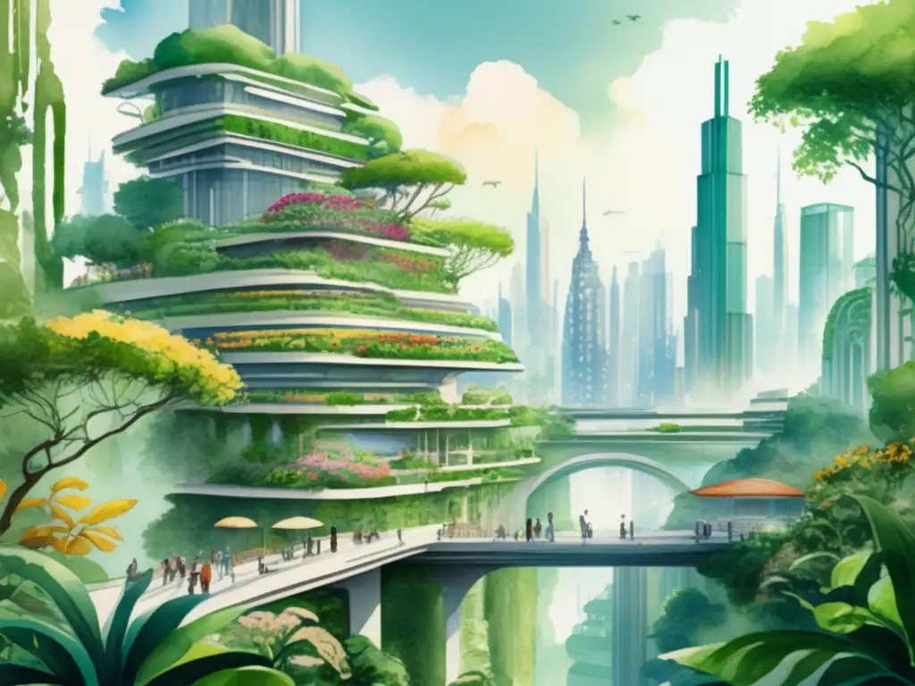 Ciudad futurista con plantas biónicas: solución sostenible que combina naturaleza y tecnología