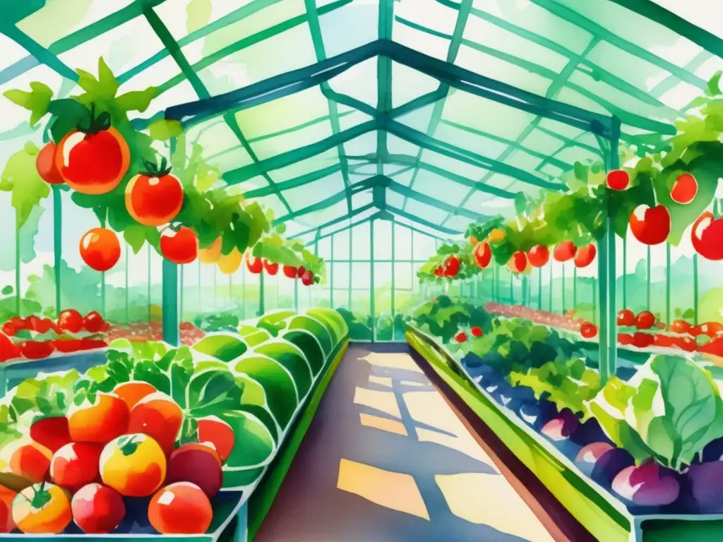 Ingeniería genética en cultivo de plantas: ilustración acuarela vibrante de jardín futurista de frutas y verduras multicolores