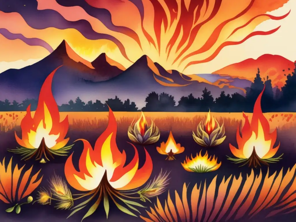 Ilustración detallada de semillas resistentes al fuego que germinan en un paisaje en llamas, simbolizando la adaptación de plantas a incendios