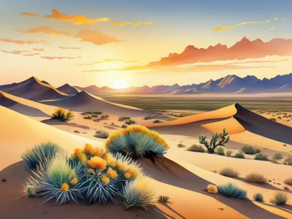 Plantas adaptadas al desierto de Gobi en un paisaje acuarela 8k: vibrante amanecer dorado, plantas resistentes, dunas iluminadas