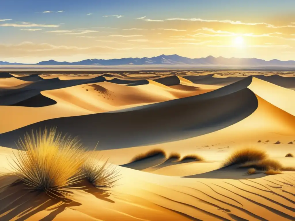 Ilustración detallada del paisaje desértico del desierto de Gobi, con plantas adaptadas y belleza árida