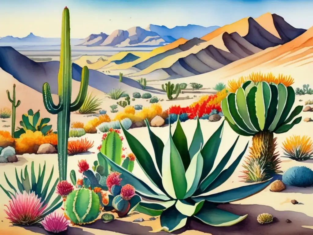 Pintura acuarela detallada del único paisaje vegetal del desierto Gobi - Plantas únicas desierto Gobi