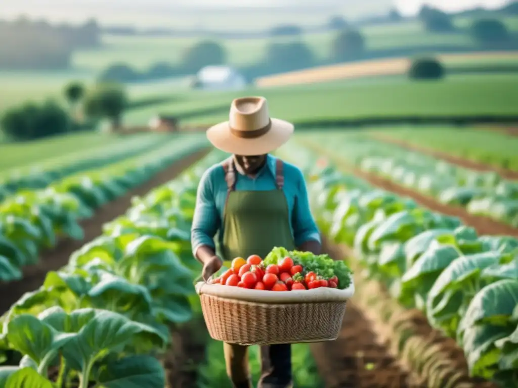 Agricultura orgánica: Campo vibrante y saludable con variedad de cultivos, resaltando beneficios y futuro sostenible