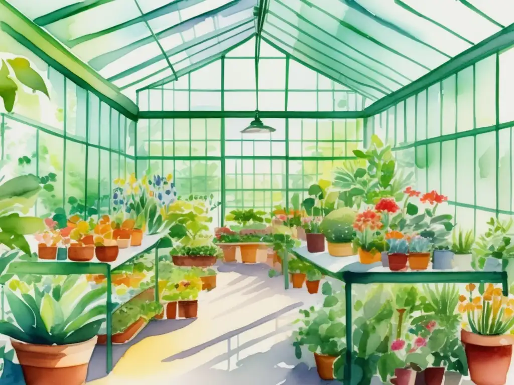 Invernadero vibrante con plantas exuberantes Técnicas modernas de propagación de plantas en un invernadero vibrante y detallado