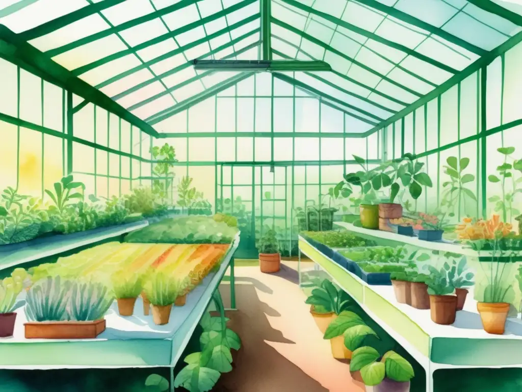 Ilustración acuarela de invernadero lleno de plantas genéticamente modificadas, con innovaciones en manipulación genética vegetal