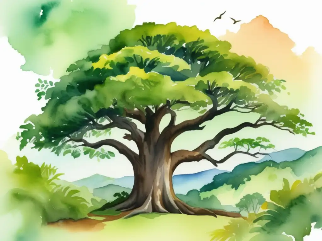 Ilustración acuarela de un majestuoso árbol de Guanacaste en un paisaje tropical vibrante