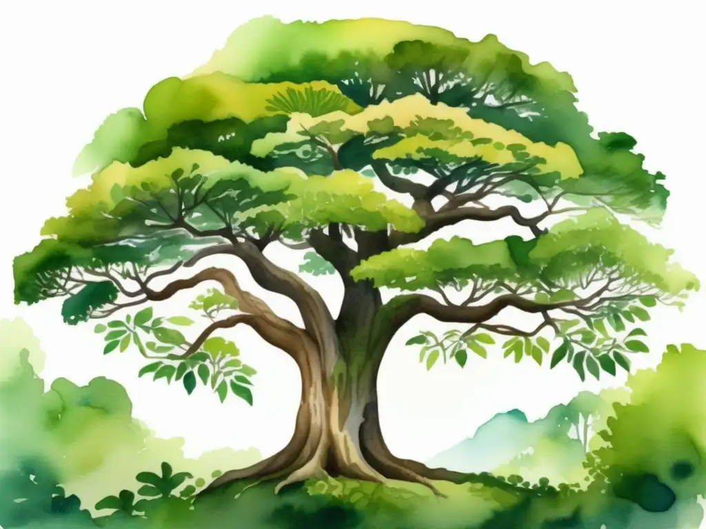 Ilustración acuarela de un majestuoso árbol guanacaste en su hábitat natural