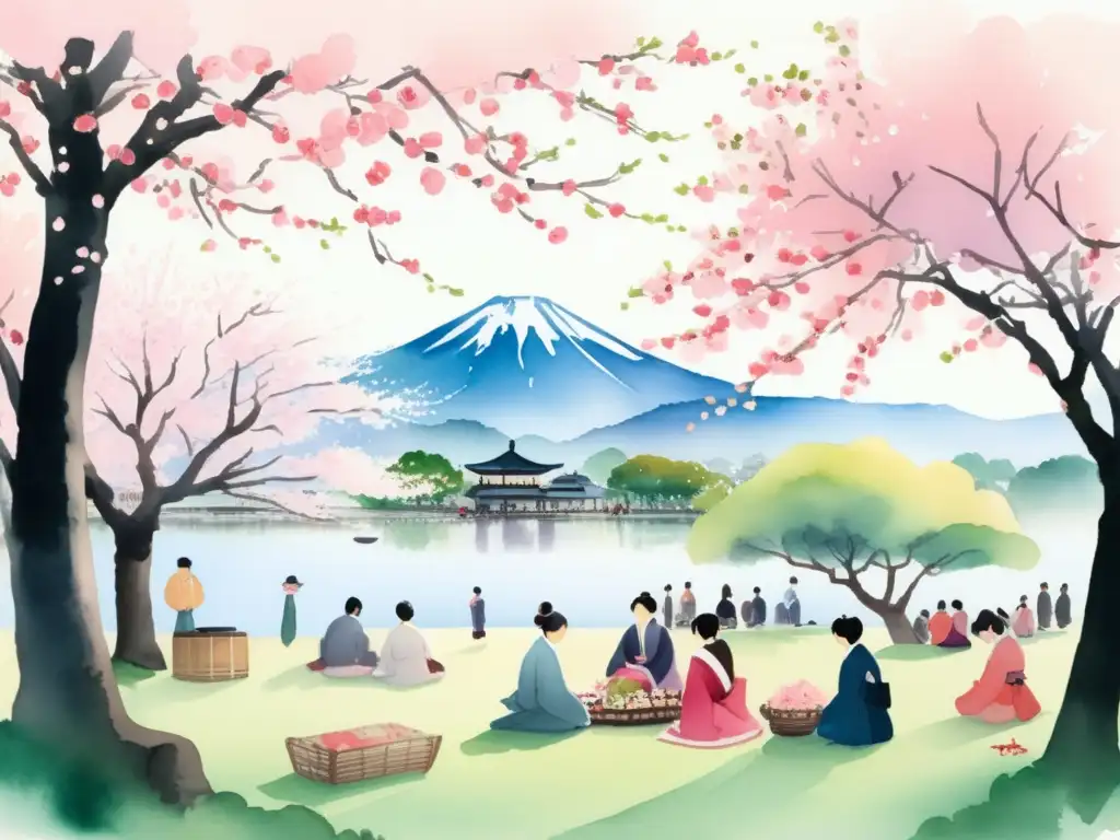 Belleza del Hanami en Japón: pintura acuarela detallada de una escena pintoresca de festividades Hanami en Japón