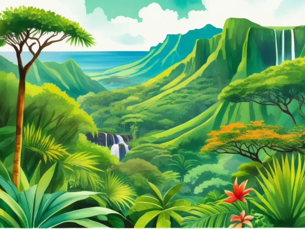 Plantas endémicas de Hawái: una ilustración acuarela impresionante que muestra la diversidad de plantas endémicas en exuberantes paisajes hawaianos