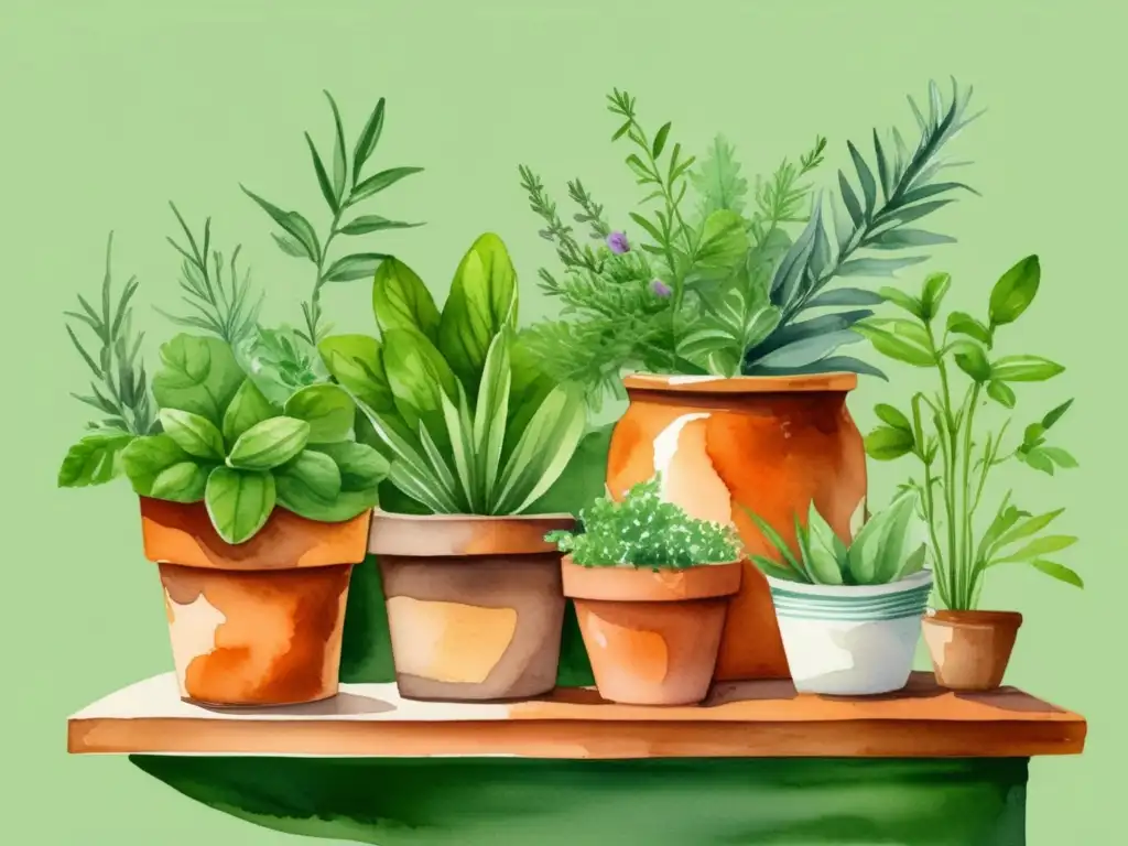 Beneficios de las plantas aromáticas en la cocina: variedad de hierbas y especias en una encantadora ilustración acuarela