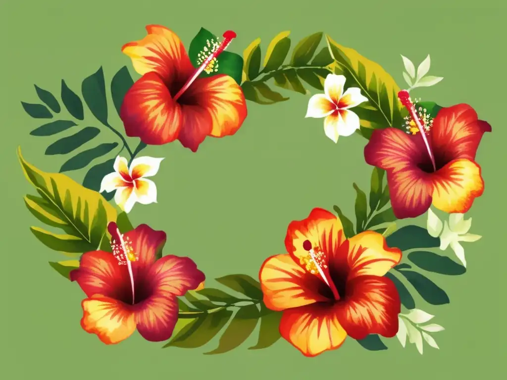 Ilustración acuarela de un lei hawaiano con plantas nativas y flores vibrantes