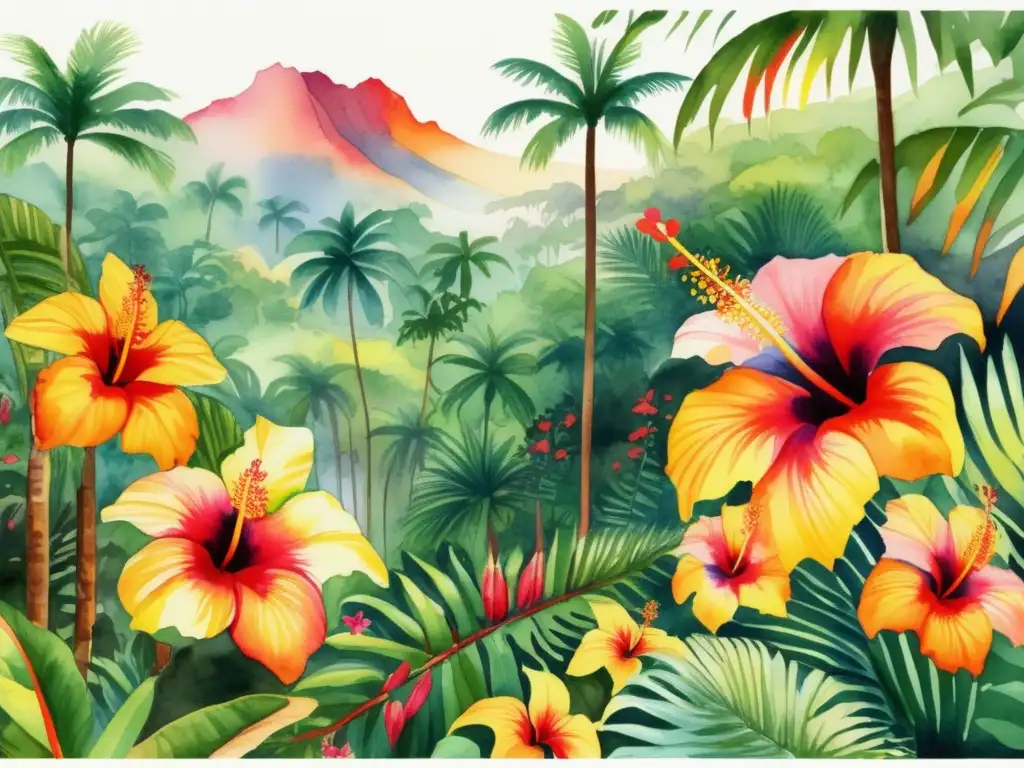 Paisaje de selva hawaiana con plantas medicinales y exuberante flora tropical