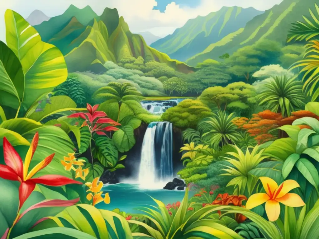 Paisaje hawaiano con plantas medicinales y culinarias (110 caracteres)