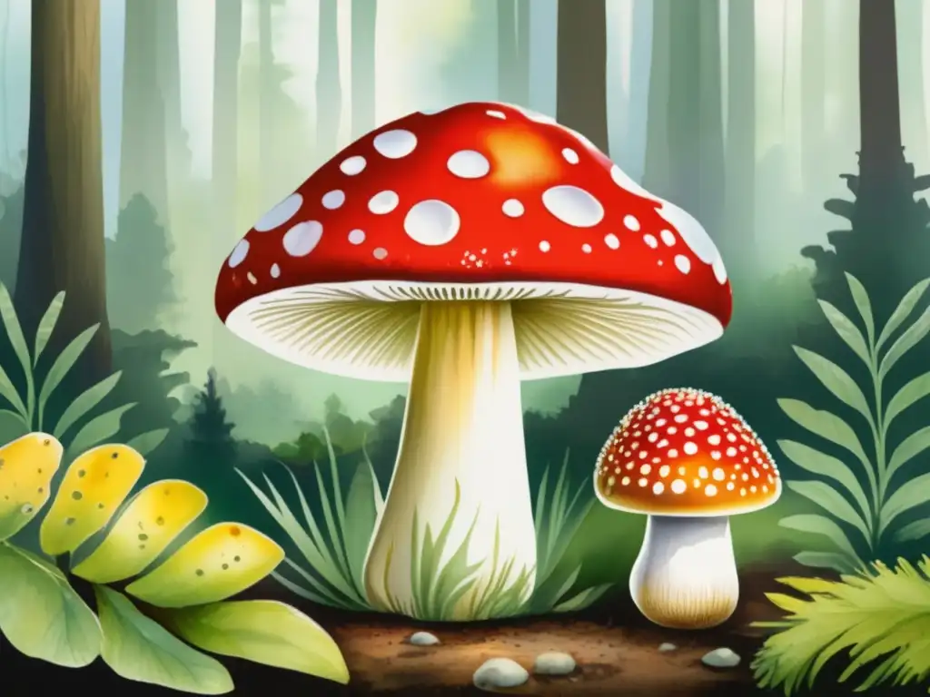 Ilustración acuarela hongo Amanita Muscaria, importancia cultural