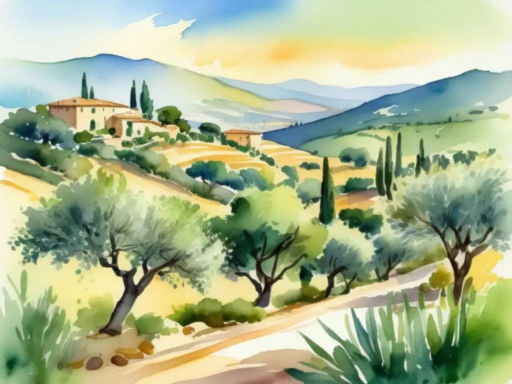 Ilustración acuarela hermosa de paisaje mediterráneo con olivos - Relevancia histórica del olivo en el Mediterráneo