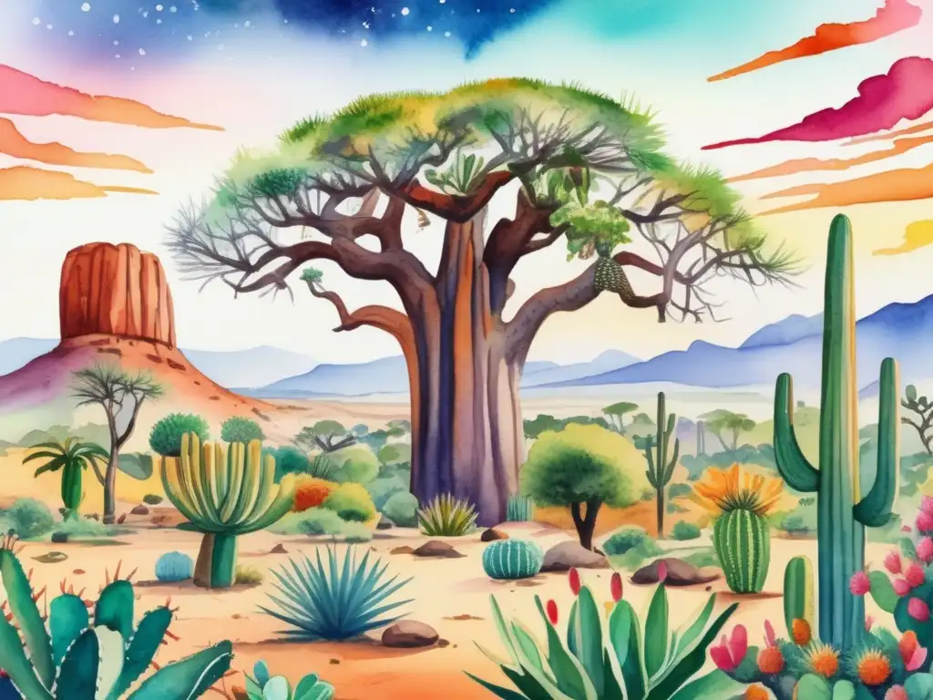 Cacti en paisaje africano, con baobab tallado y leyendas africanas