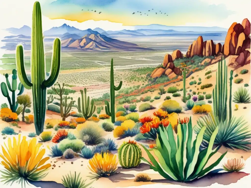 Ilustración detallada en acuarela del paisaje desértico de Sonora, México, destacando la biodiversidad de su flora