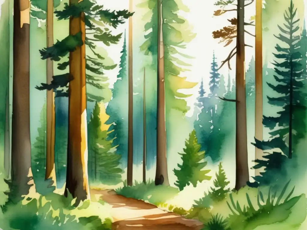 Ilustración acuarela: Bosque conífero, vital para el clima y la economía