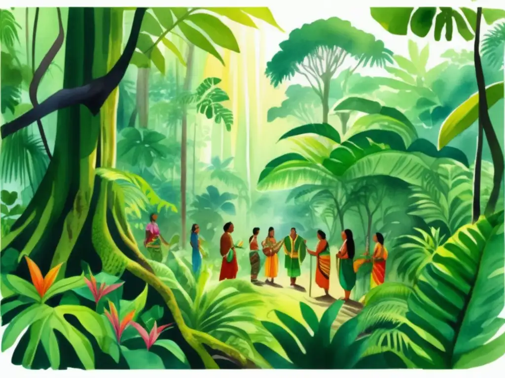 Ilustración acuarela detallada de selva tropical con plantas, árboles, luz y ritual indígena